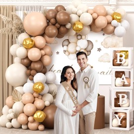 Mishopy 138 Teddy Bear Baby Shower Decorations Netrual, Brown White Balloons Garland Arch Kit Badge Sash Bearly Wait Backdrop Baby Boxes with Letters, Boy Girl Baby Shower Decorations Decor