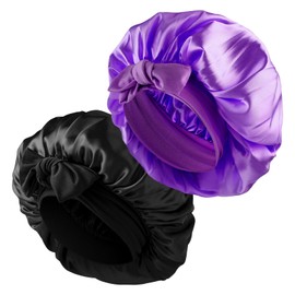 Abeillo Satin Sleep Bonnets for Women, 2pcs Adjustable Silk Night Hair Cap Soft Elastic Band Silk Bonnets for Sleeping, Hair Bonnet with Tie Band for Curly Hair Braid Women (Black, Purple)
