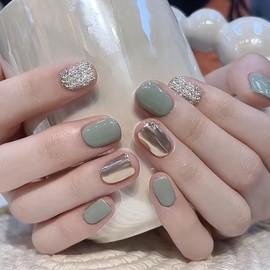 Press On Nails Stick On Nails, Flower Summer Cute Designed Beauty Pattern in Glue on Nails, Fake Nails, Short Square Almond Long Ballet Shape on 24PCS (Green Sliver Glitter)