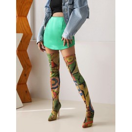 vivianly Women's Sexy Printed Stretchy Thigh High Boots Pointy Toe Stiletto Heel Booties Over The Knee High Heel Boot Size 9