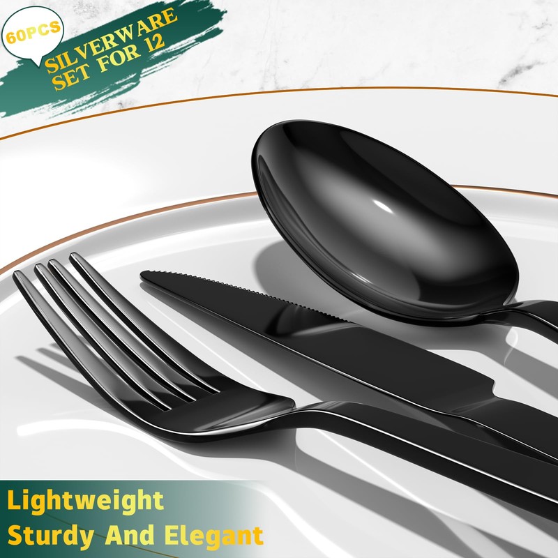 60 Pieces Black Silverware Set, Premium Stainless Steel Flatware Set