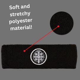Needzo St. Benedict Thick Sports Headband, Religious Black Soft and Stretchy Polyester Sweatband, Unisex Catholic Gifts or Accessories, One Size Fits Most, 7 Inches