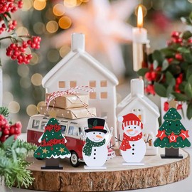 DECSPAS Christmas Decorations Indoor, 4 PCS Wood Christmas Trees & Snowmen for Centerpiece Table Decorations, Wooden Tiered Tray for Xmas Decor, Home, Winter, Tabletop, Mantel, Shelf, Fireplace, Gifts