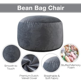 Large Bean Bag Chair for Adults/Kids with Filling, 3 ft Memory Foam Bean Bag Chairs with Filler Included, Ultra Soft Dutch Velvet Fabric, Bean Bag for Living Room - 3 Foot,Dark Gray
