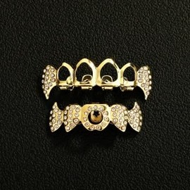 YOSZO Vampire Teeth Fang Grillz Hollow braces for sharp teeth 14K Gold Silver Plated Hip Hop Fangs Top Bottom Teeth Grills for Men and Women (Gold)