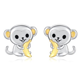 925 Sterling Silver Monkey Earrings Stud Hypoallergenic Cute Animal Jewelry Gifts for Women Teen Girls Birthday, Sterling Silver, No Gemstone