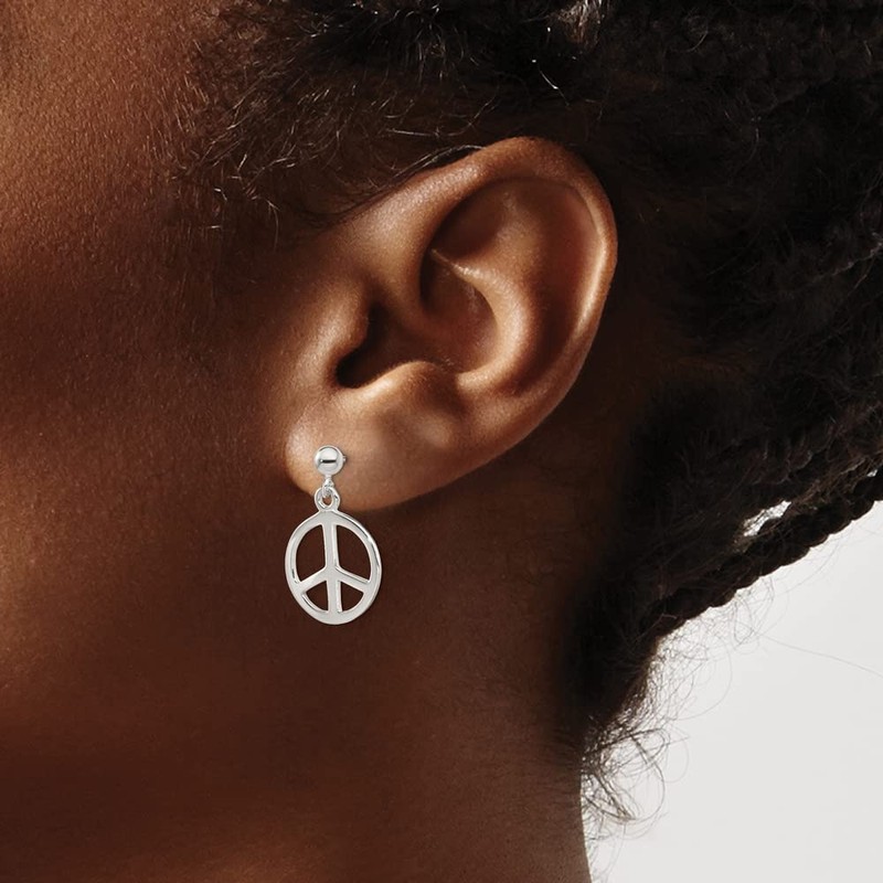 Solid 925 Sterling Silver Peace Sign Dangle Earrings - 23mm