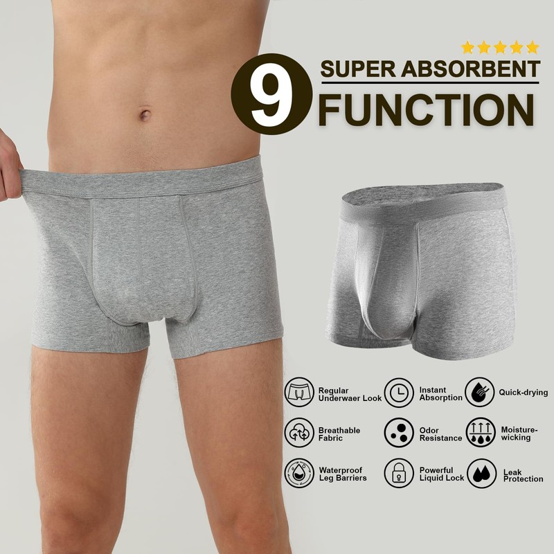 Battewa Incontinence Underwear for Men Boxer Briefs Washable Urinary Absorbent