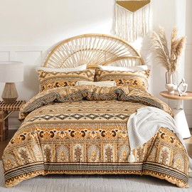 WONGS BEDDING Bohemian Double Duvet Cover Set Brown Colorful Boho Striped Bedding Set with 2 Pillowcases Soft Microfiber Moroccan Fall Quilt Cover with Zipper Closure 200x200cm