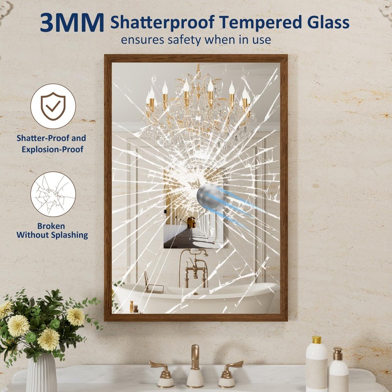 WEER Walnut Bathroom Mirror 24x36 Inch, Walnut Wood Grain Framed