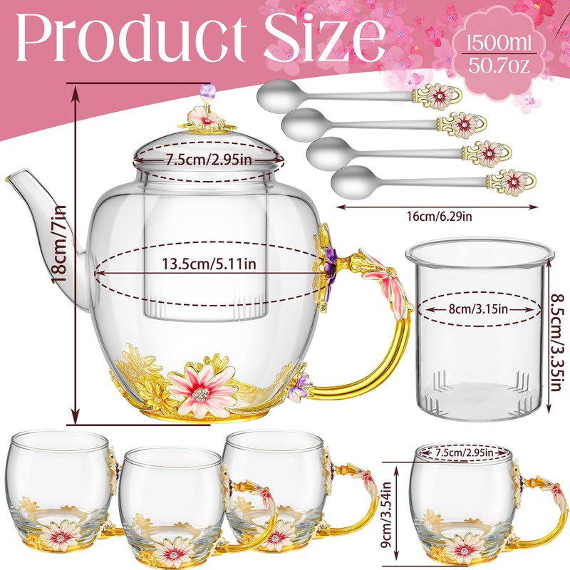 Maxdot 5 Pcs Floral Glass Tea Set, 51 oz Daisy