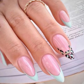 Pink Press on Nails, Medium Length Almond Shape Fake Nails French Tip Full Cover Glue on Nails Glossy Fresh Fake Nails with Leopard-Print, Artificial Stick on False Nails for Women&Girls, 24Pcs
