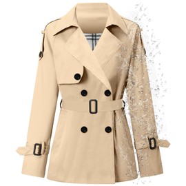 Women's Double Breasted Short Trench Coat with Belt, Khaki, X-Small