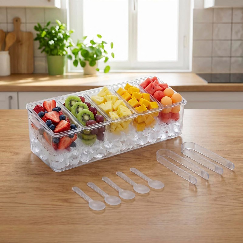 Condiment Caddy, 5 Compartment Ice Chilled Serving Tray, Serving Platter
