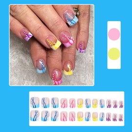 24pcs French Tip Press Nails Line Design Short Square False Nails Yellow Pink Blue Purple French Glue On Nails Glossy Full Coverage Acrylic Nails for Women Summer Nail Art Supplies