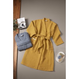PandaHome Bathrobe 100% Cotton Waffle Fabric Travel Bathrobe for Men and Women, Soft, Absorbent and Lightweight Spa Bathrobe, mustard yellow
