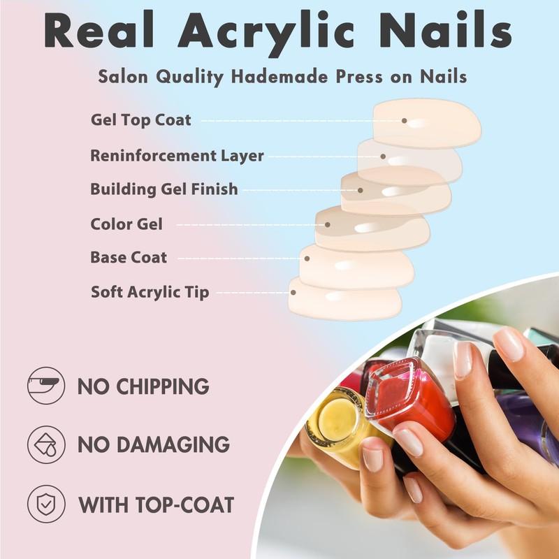 Rose Pink Press on Nails Medium Square, SXVME Natural Acrylic
