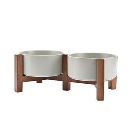 SPUNKYJUNKY Ceramic Dog Bowls with Acacia Wood Stand - Raised Dog Food and Water Bowl Set for Medium Dogs (28.74 OZ, Gray)