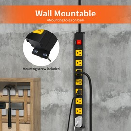 Plug'n 8 Outlet Long Power Strip, 2100J Surge Protector Heavy Duty 6FT Cord Wide Spaced and Wall Mount Metal Powerstrip for Home Office Garage Workshop