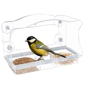 Fenster-Vogelfutterspender aus stabilem und langlebigem Acryl mit 4 starken Saugnäpfen, Drainagelöchern und Abnehmbarer Futterschale Transparentes Vogelhaus für Wildvögel im Garten