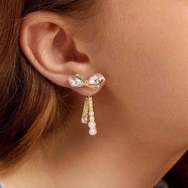 IRCOMULTI Boho Pearl Crystal Bow Earrings Gold Rhienstone Bow Stud Earrings Bow Ear Jacket Earrings Cz Bowknot Dangle Drop Earrings Jewelry for Women