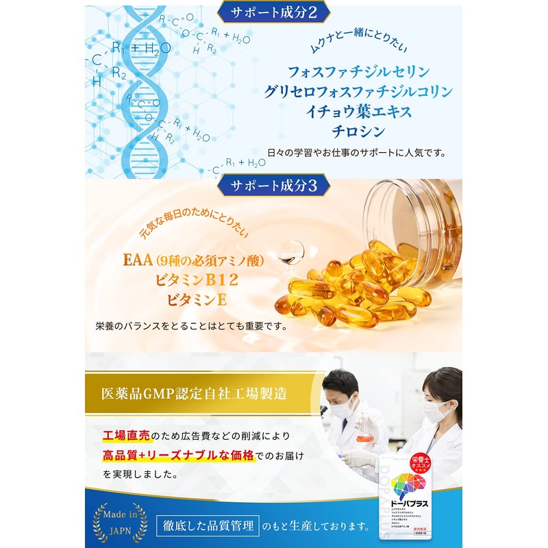 【 薬膳 アドバイザー監修】 やる気 サポート サプリ ドーパ プラス（30日分）ムクナ イチョウ葉 ビタミンB12