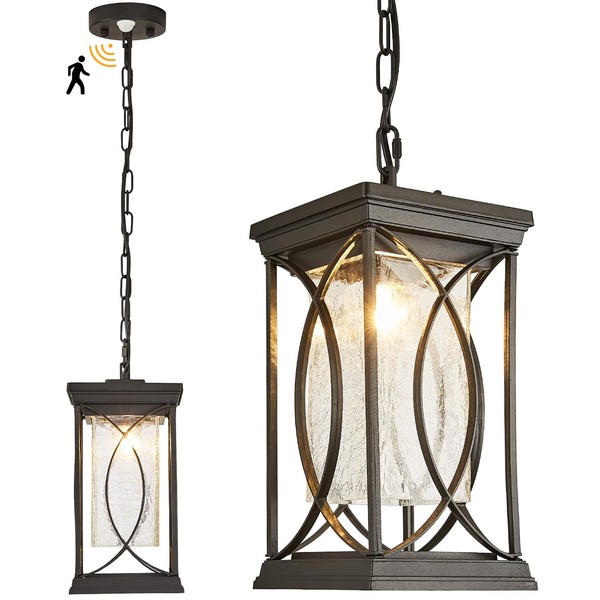 Outdoor Pendant Light Fixtures Exterior Ceiling Hanging Lantern for Porch, Modern Black Outside Chandelier Light Ceiling Mount with Crack Glass for Front Door Porch Gazebo Entrance Foyer Entryway