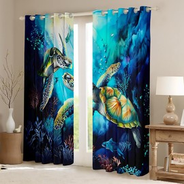 Feelyou Sea Turtle 30%-50% Blackout Curtains (2 Panels, 38 x 45 Inch) Ocean Curtains for Bedroom Children Sea Creature Underwater World Seaweed Coral Fish Darkening Drapes Blue Window Treatments