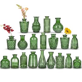 Glass Bud Vases Set of 20, Small Flower Vase in Bulk for Centerpieces, Mini Vintage Peacock Green Vases for Rustic Wedding Vintage Home Table Decor