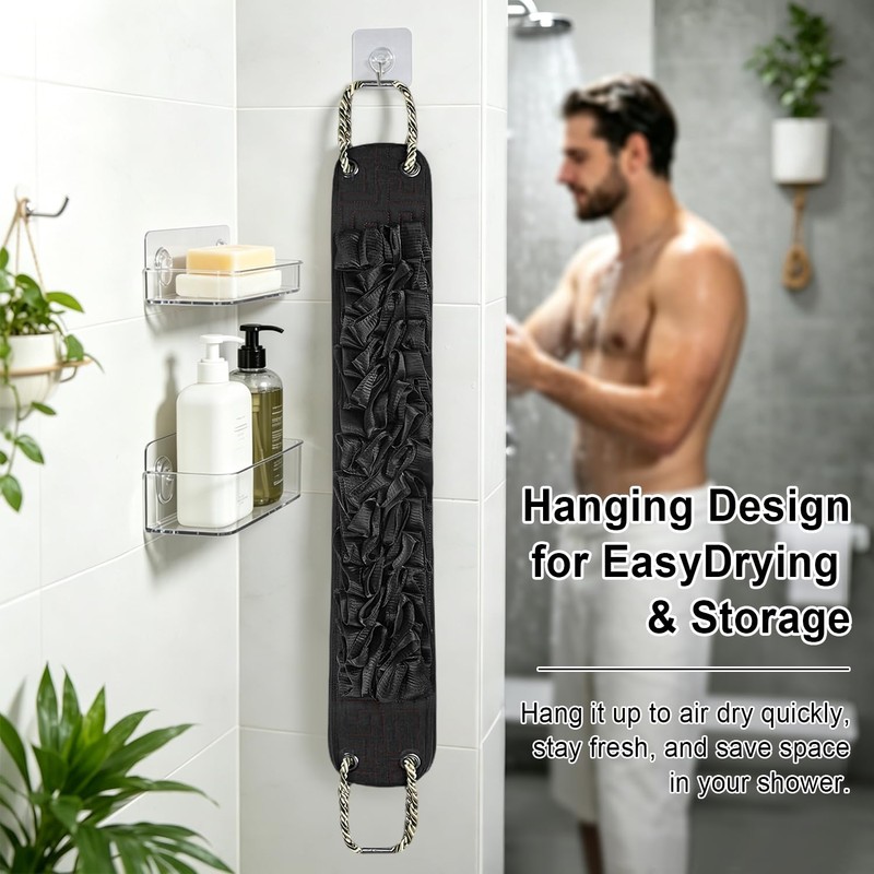 Back Scrubber with Handle,Dual Sided Exfoliating Shower Washcloth (Black)
