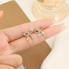 Stocking Stuffers for Women Teens Bow Earrings for Women Stuff Rhinestone Gold/Silver Bow Stud Earrings Dainty Sparkly Ribbon Earrings Elegant Bowknot Jewelry Christmas Gifts for Women Girls