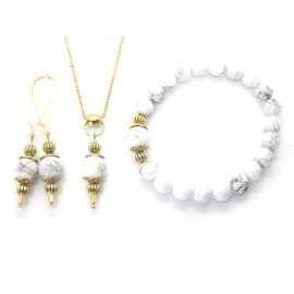 Vintage style bracelet, necklace and earrings jewelry set for women in white howlite and gold metal