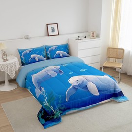 Erosebridal Cartoon Manatees Comforter Set Queen, Marine Animals Bedding for Kids Boys Girls, Kawaii Sea Life Room Decor Bedding Comforter Sets, Blue Nautical Fishes Sea Weed Duvet Insert