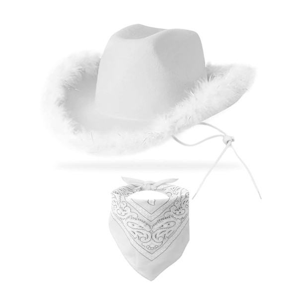 YBHOMINE Cowboy Hat with Bandana - Feather Boa Cowgirl Hat for Women & Men,bachelorette party Halloween Dress-Up (White)