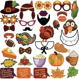 Thanksgiving Photo Booth Props Kit - Pack of 34, Thanksgiving Props for Photo Booth | Thanksgiving Photo Props Thanksgiving Decorations | Fall Photo Props for Friendsgiving, Thanksgiving Picture Props