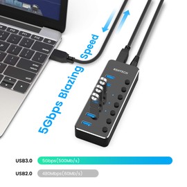 Hub USB alimentado RSHTECH tipo C a 7 puertos USB 3.0 puerto de datos divisor portátil de aluminio con adaptador universal de CA de 5 V e interruptores individuales de encendido/apagado para laptop y PC (negro)