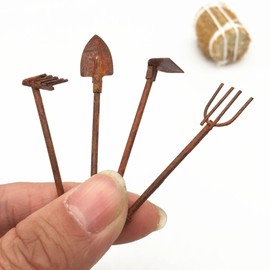 Miniature Rustic Garden Tools, Miniature Shovel Rake Hoe, Vintage Garden Tools, Fairy Garden Tools, Zen Garden Tools, for Dollhouse Miniature, Fairy Garden and Zen Garden (4PCS)