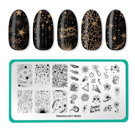 Maniology NYE Nail Stamping Plate, Festive Fireworks Stamp Plates, Sparkling Countdown-Themed New Year Manicure Designs, Gliterry Starry Sky DIY Patterns