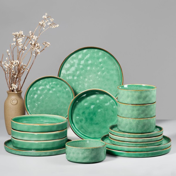 HaWare Dinnerware Sets, 16-Piece Plates and Bowls Set, Stoneware Dish