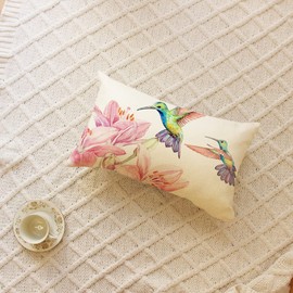 Ogiselestyle Watercolor Hummingbird Lumbar Throw Pillow Cover, 12 x 20 Inch Summer Flowers Cushion Case Decoration for Sofa Couch
