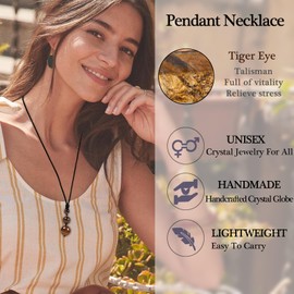 Crystal Necklaces for Women Men, Tigers Eye Round Necklace for Protection, Crystals and Healing Stones Pendant Jewelry for Spiritual(Tiger eye(3 beads))