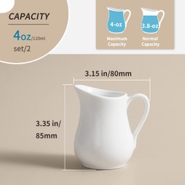 Gurygo 2 Pack 4 Oz Classic White Ceramic Small Creamer Pitcher with Handle- Fine Porcelain Small Milk Pitcher - Ceramic Creamer Container for Coffee Milk Sauces Salad, Microwave & Freezer Safe
