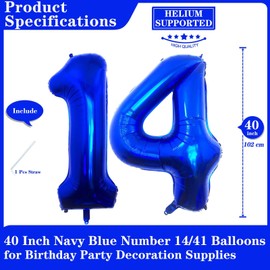 Navy Blue 14 Number Balloons, 40 Inch Giant Number 14 Balloons Foil Mylar Helium Dark Blue Number Balloons for 14th Birthday Party Supplies Anniversary Event Celebration Decorations