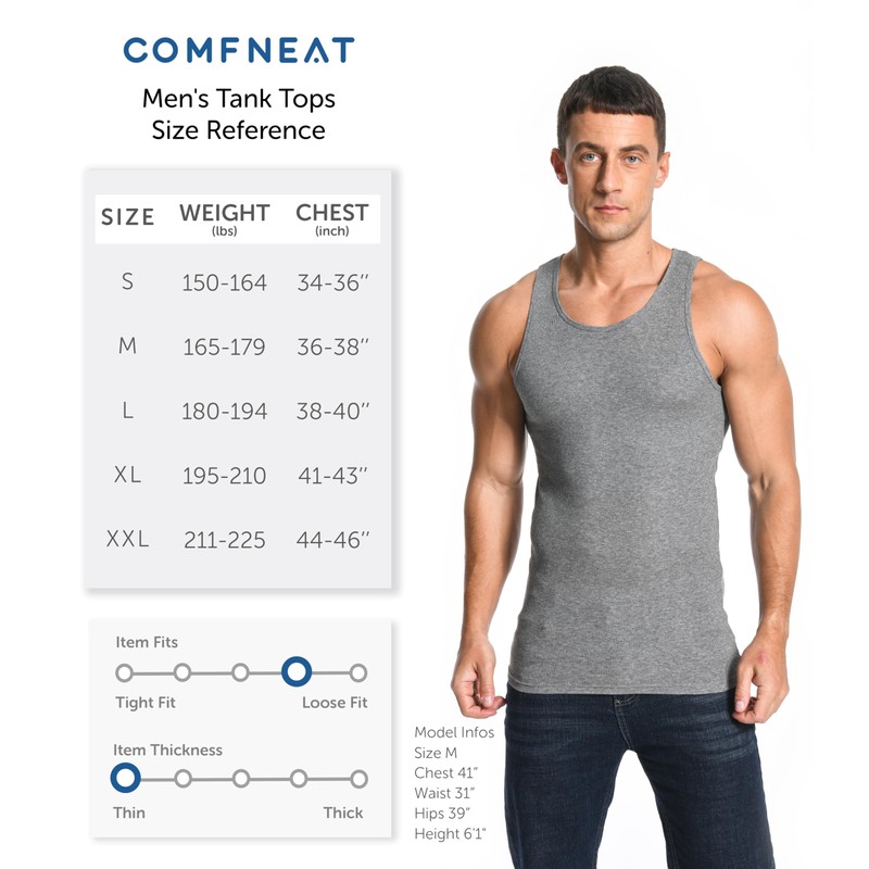 Comfneat Men's 6-Pack Ribbed Tank Tops Cotton Comfy Fit Undershirts