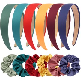 Aprince Satin Headbands & Silk Scrunchies 12Pcs,1.1 Inch Wide Hard Headbands for Women,Non-slip Hairbands & Non-crease Hair Ties for Girls,Fashion Hair Accessories Set for Gift Holiday Cosplay DIY