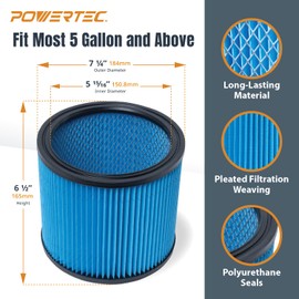 POWERTEC 90304 Cartridge Filters for Shop Vac, 90333, 90350, 9030433 Type U Replacement Filters, Fits Shop-Vac Most 5 Gallon and Above Wet/Dry Vacuum Cleaners, 1PK (75082)