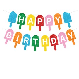 Summer Popsicle Themed Glitter Happy Birthday Party Banner for Summer Birthday Party Popsicle Party Decorations Ice Cream Party Supplies Ice Cream Popsicle Themed Party