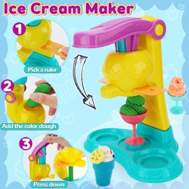 Crelloci 2-in-1 Play Color Dough Ice Cream Set with Noodle Maker, 38 Pcs Dough Set for Kids Ages 3-8, Pretend Play Kitchen Dough Accessories, Arts Crafts Play Food Toys for Kids 3+(9 Cans Dough)