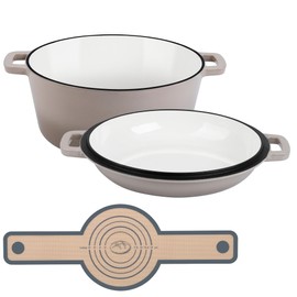 E-far 5 Quart Enameled Cast Iron Dutch Oven, 2 in 1 Dutch Oven Pot with Skillet Lid and Silicone Bread Sling, Ideal for Bread Baking, Cooking, Stewing, Frying, Induction & Oven Safe - Khaki