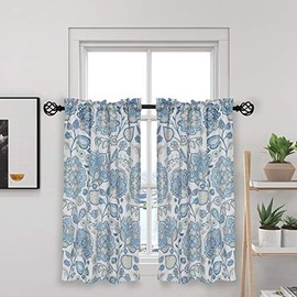oremila Tier Curtains for Kitchen Windows Floral cafÃ© Curtains, 27" x 36" Multicolor Floral Printed Half Window Curtain Set for Bathroom Rod Pocket, 1 Pair, Navy Blue